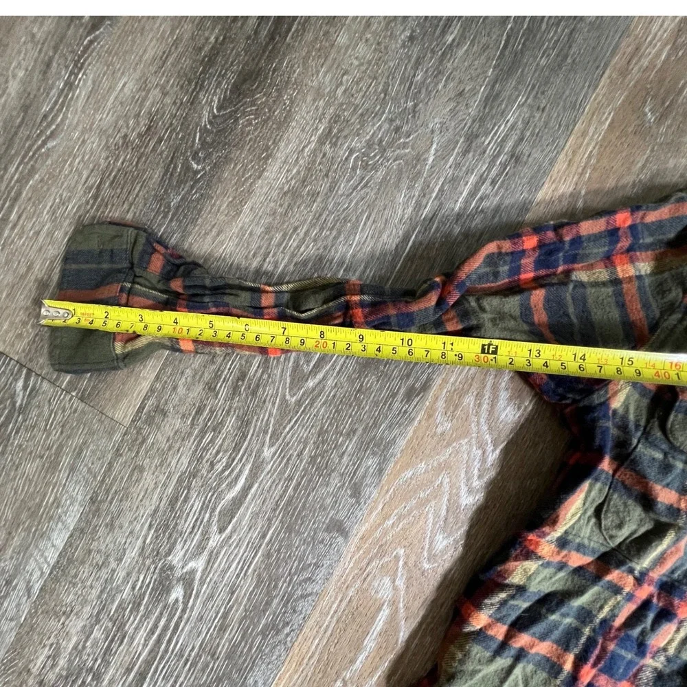 Old Navy Flannel Shirt Kids Size L 10-12 Olive Green Orange Plaid Button Down
